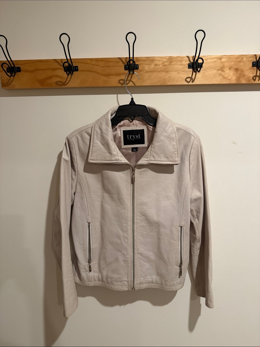 Tryst Beige Leather Zip-Front Bomber Jacket